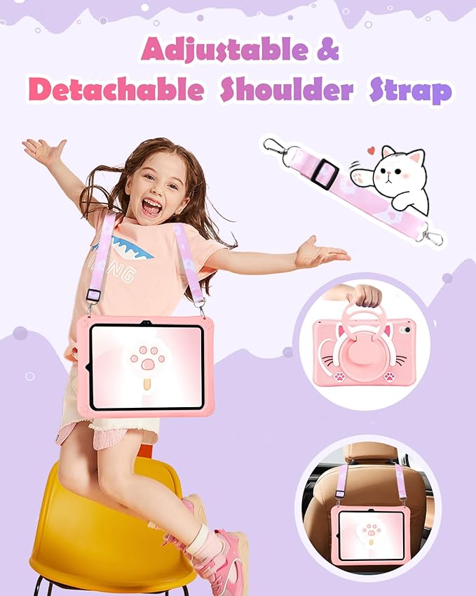 Wazzasoft for Samsung Galaxy Tab S9 Case 11 Inch - Cute Cartoon Kawaii Cat Kitten Girls Girly 3D Soft Silicone Tablet Cover with Rotating Stand & Strap Funda for Galaxy Tab S9 Case