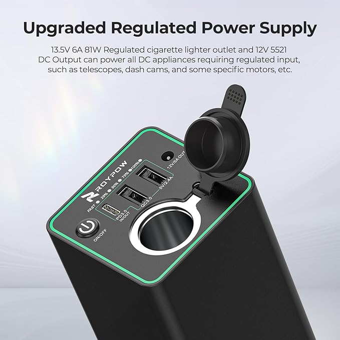 RoyPow 30W PD Portable Charger with 12V 10A Constant Voltage Cigarette Lighter Socket, 86.58Wh USB C Laptop Power Bank, 18W QC & 12V DC Battery Pack, Perfect for Dash Cam or Camping(Upgraded Version)
