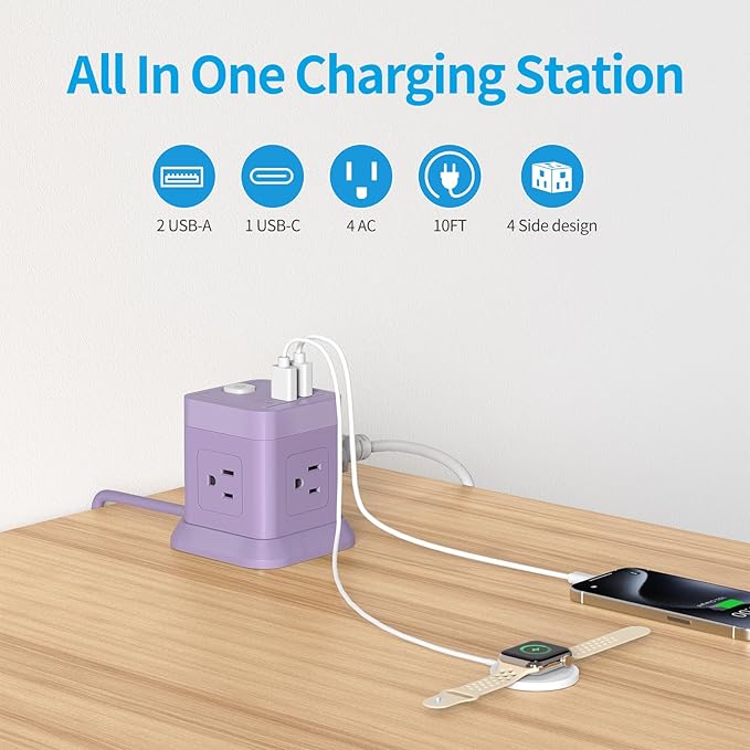 Cube Power Strip, FDTEK 4 Widely Spaced Outlet with 3 USB (1 USB C) Flat Plug Power Strips with Long Extension Cords Space Save Compact Portable for Travel Home Office Cruise (Purple) 10FT