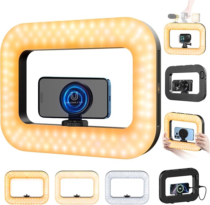 yAyusi Magnetic Cell Phone Light for Video Recording, Handheld Phone Stabilizer with Light, 8000mAh LED Selfie Phone Ring Light with Phone Holder, Smartphone Video Rig for Camera, Vlog, TikTok