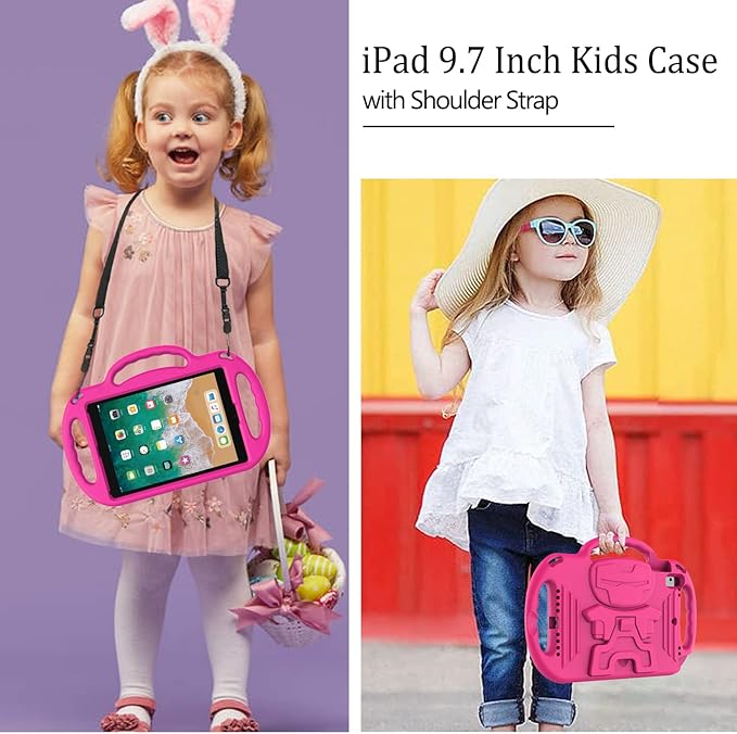 LTROP Kids Case for iPad 5th/6th Generation (2017/2018) & Air 2, Shoulder Strap Handle Stand Shockproof Bumper Cute Kid Case for iPad 9.7 Inch, Pink