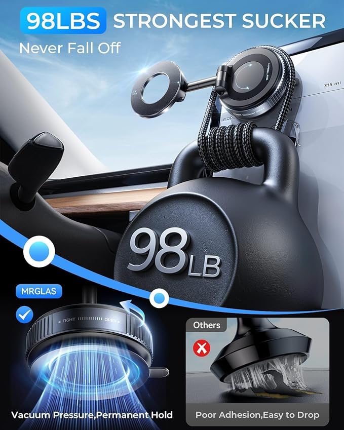 MRGLAS 2026 Upgraded Vacuum Magnetic Phone Holders for Your Car 360° Adjustable Absorption Magnetic Bracket 98LBS Magsafe Suction Cup Phone Mount for iPhone Car Truck Accessories for Men Women