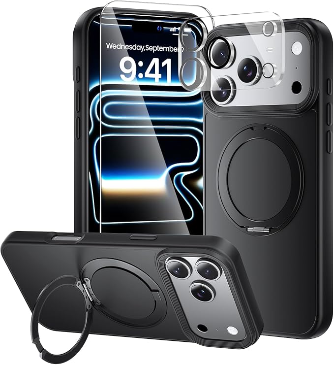 toushion 3 in 1 for iPhone 17 Pro Case with Stand Black,Build in Kickstand,Screen Protector *1 & Camera Lens Protector*1,Fits MagSafe, Slim Matte Finish Shockproof Phone Cover