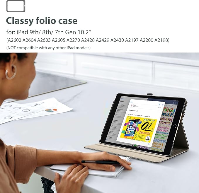 ProCase for iPad 9th/ 8th/ 7th Generation Case 10.2 Inch 2021/2020/2019, iPad 10.2 PU Leather Case Business Stand Cover Smart Folio with Hand Strap Front Pocket Pen Loop -Black