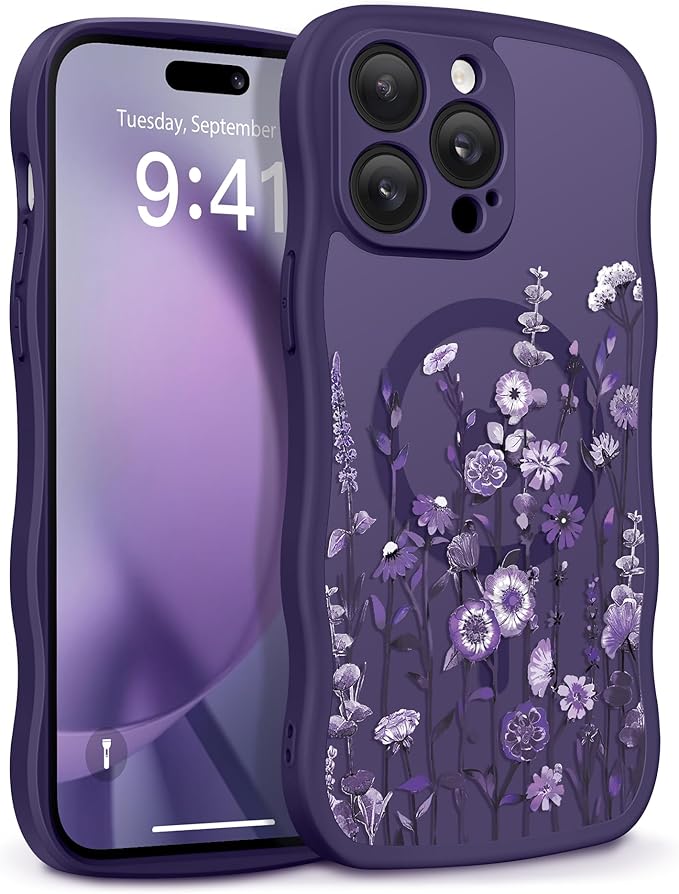 GVIEWIN for iPhone 14 Pro Case Compatible with MagSafe [Curly Wave Edge][Full Camera Protection] Floral Translucent Shockproof Magnetic Women Phone Case for 14 Pro, Floratopia/Deep Purple