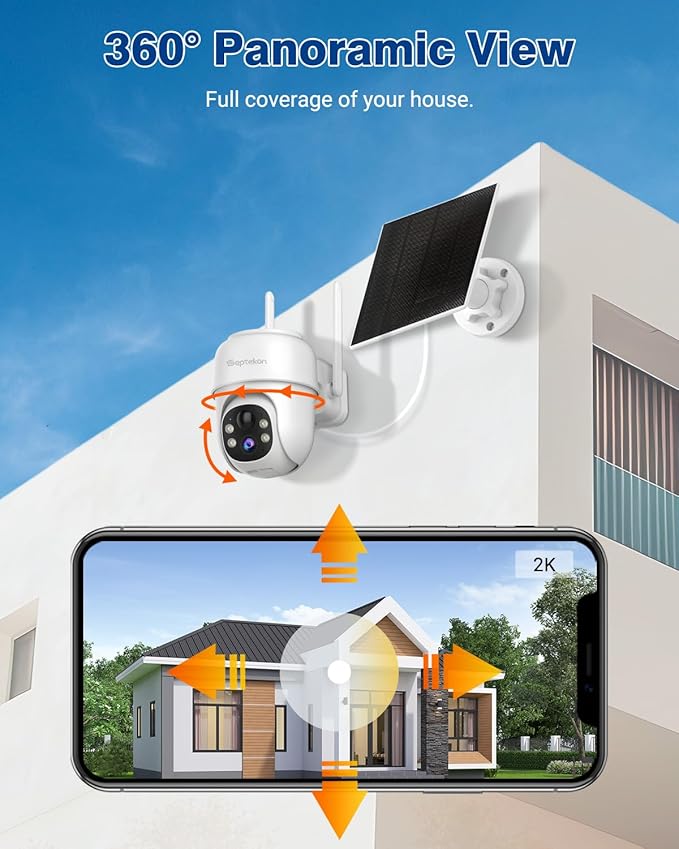 Septekon 360°PTZ Security Cameras Wireless Outdoor, Solar Battery Powered Cameras for Home Surveillance, 2K 2.4G WiFi Camera with Spotlight, Motion Detection, Siren, Color Night Vision, IP66, White
