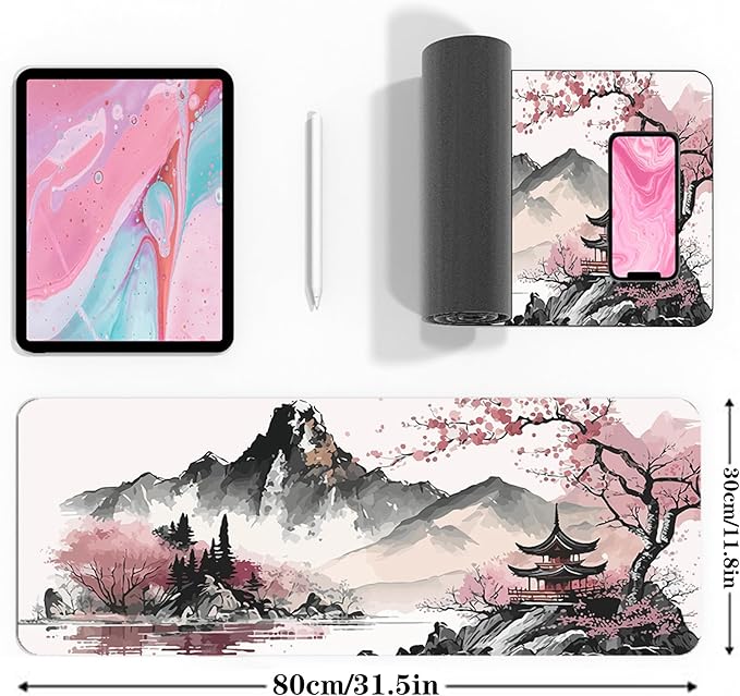 Watercolor Cherry Blossom Large Gaming Mouse Pad,Mouse Pad Gaming 31.5 x 11.8 in Mouse Mat Desk Pad,Large Desk Mat,Extended Keyboard Mousepad with Non-Slip Base and Stitched Edge for Desk Home Office