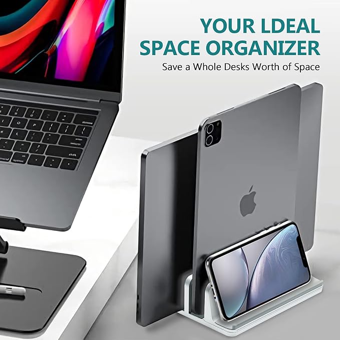 Vertical Laptop Stand for Desk Aluminum Heavy Duty, 4 Slots Adjustable Laptop Holder MacBook Stands Compatible All iPad Surface Samsung HP Chromebook iPad Pro Air Upto 17.5'- Silver