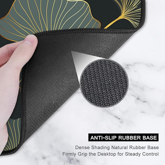 Auhoahsil Extended Mouse Pad, XXL Gaming Mouse Pads, Large Big Mousepad Laptop Computer Keyboard Mat Desk Pad with Non-Slip Base Stitched Edge for Gaming Office, 35.5 x 15.7 inch, Gold Line Leaves
