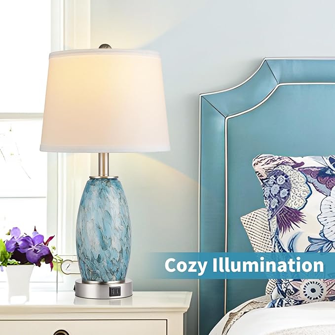 Lovlast Table Lamps Set of 2 with 3-Way Lighting Modes, USB & Type C Ports - Coastal Modern Style Glass Nightstand Lamps for Living Room & Bedroom Decoration (23.5" H)
