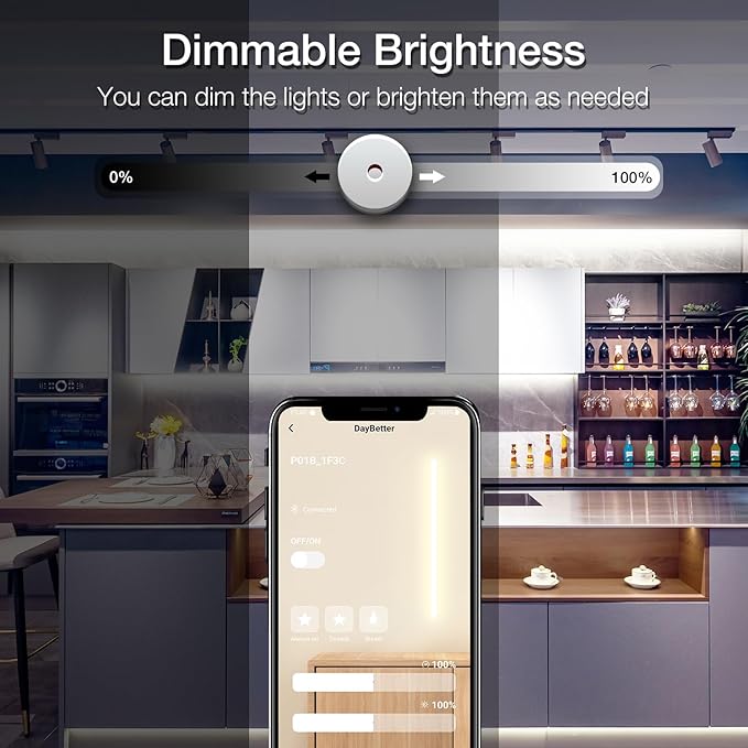 DAYBETTER COB LED Strip Lights,LED Lights for Bedroom 32.8ft,Daylight White 6500K Dotless LED Light Strip,3200 LEDs Super Bright Dimmable 24V Flexible Tape Lights with Remote,Kitchen,Cabinets Lighting