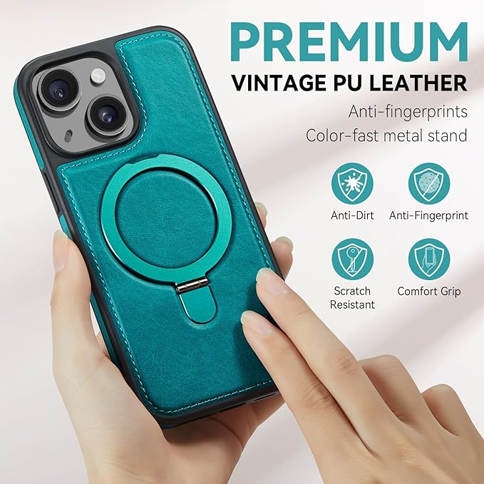 for iPhone 15 Plus Case with Stand, Compatible with MagSafe, Slim PU Leather & Durable TPU Protective Magnetic Kickstand Cover Drop-Proof with Tempered Glass Screen Protector 6.7", Turquoise