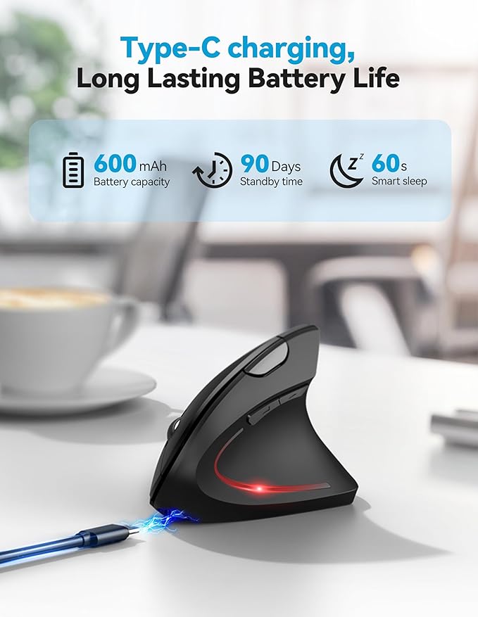 TECKNET Ergonomic Mouse with Jiggler, Bluetooth Wireless Vertical Mouse, 4800DPI Rechargeable Carpal Tunnel Mouse, Undetectable Random Movement Keeps Computers Awake for PC, Laptop, Mackbook