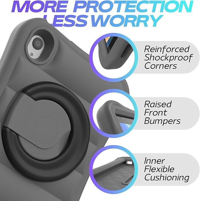 Kids Case for iPad mini 7 (A17 Pro) 2024 / Mini 6th Gen 2021 8.3 inch – Lightweight Flexible Shockproof Rotating Stand Handle Rugged Cover for iPad mini 7th 6 Generation Girls Boys, Grey Black