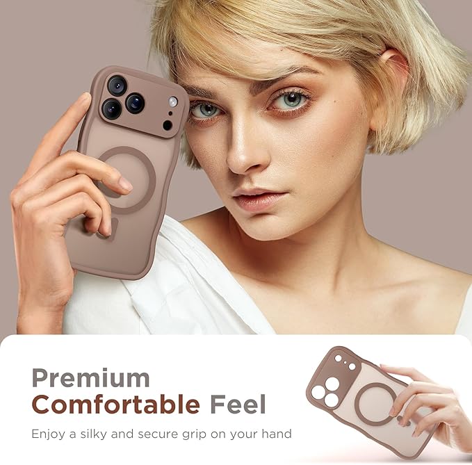 CAPRARO Magnetic for iPhone 17 Pro Max Case for Women Girls, Upgraded [Full Camera Protection] [Compatible with MagSafe] Cute Wave Translucent Matte Phone Case for iPhone 17 Pro Max, Brown