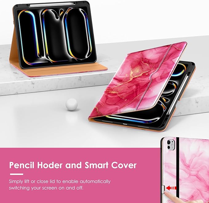 VIKESI Case for iPad Pro 13-inch M5 or M4 Released in 2025 or 2024, Leather Stand Cover with Apple Pencil Holder, Auto Wake/Sleep, Multiple Viewing Angles, Built in Hand Strap & Pocket,Red Marble