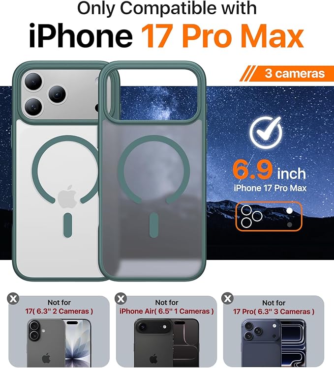 Magnetic for iPhone 17 Pro Max Case,[Anti-Slip][Compatible with MagSafe][Military Grade Drop Protection] Shockproof Protective Translucent Phone Case for iPhone 17 Pro Max Case,Night Green