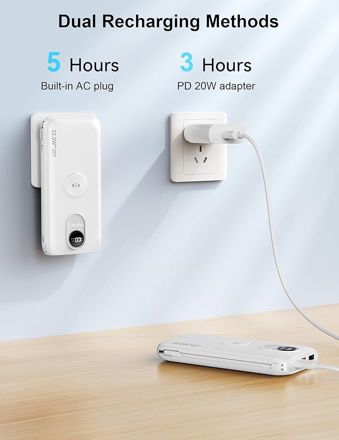 Portable Charger, 10000mAh 22.5W Power Bank Fast Charging with Wall Plug, Built-in Cables, LED Display, Compact Lightweight USB C Travel Battery Pack for iPhone 17/16, Android Cell Phone, Pad, iWatch