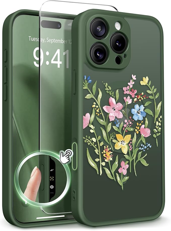 GVIEWIN for iPhone 16 Pro Max Case Compatible with MagSafe, [Military Grade Protection] [Screen Protector] Full Camera Protection Floral Translucent Women Magnetic Phone Case, Bloomcore/Forest Green