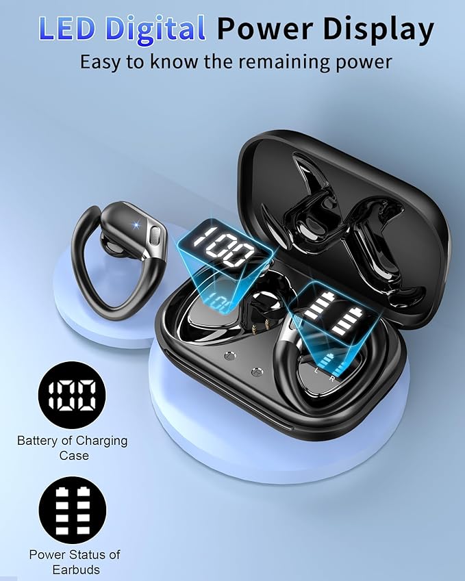 Wireless Earbuds, 2026 Bluetooth 5.4 Headphones Sport, Bluetooth Earbuds with ENC Noise Canceling Mic, 50H Stereo Wireless Headphones IP7 Waterproof with Earhooks, Dual LED Display for Workout/Running