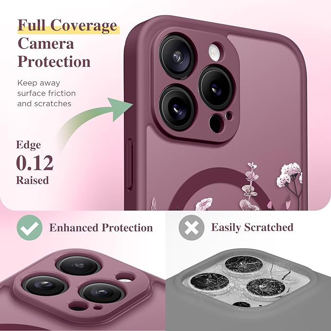 GVIEWIN for iPhone 16 Pro Max Case Compatible with MagSafe, [Military Grade Protection] [Screen Protector] Full Camera Protection Floral Translucent Women Magnetic Phone Case, Floratopia/Burgundy