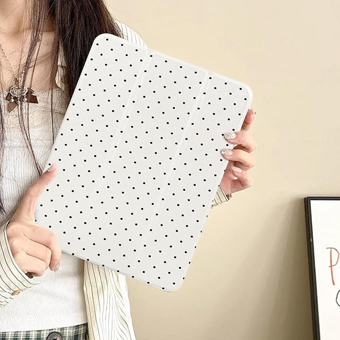 Lovmooful Compatible for iPad Pro 12.9-Inch 2022/2021/2020/2018 (6th/5th/4th/3rd Generation) Case with Pencil Holder Cute Polka Dot with Aesthetic Design Soft TPU Trifold Stand Protective-White