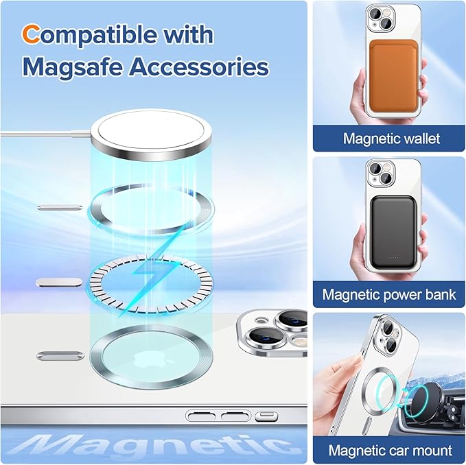 Hython Magnetic Clear for iPhone 15 Case with Camera Lens Protector [Compatible with MagSafe] Luxury Plating Edge Slim Soft TPU Cover Protective Phone Case for iPhone 15 6.1", Silver
