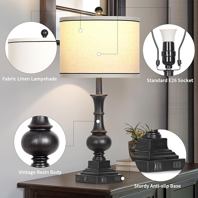 Lolikit Farmhouse Lamps Set of 2, Antique Vintage Rustic Touch Control Table Lamps with USB A+C Ports & AC Outlet, Retro Classic Bedside Nightstand Lamp for Living Room Bedroom Office Black