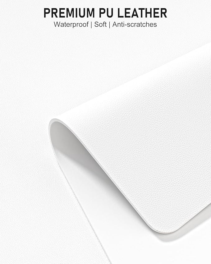 Desk Pad, 23.6" x 13.8" PU Leather Non-Slip Desk Mat Large Mouse Pad for Desktop, Waterproof Laptop Computer Writing Mat for Office, Home, Work, Gaming, White