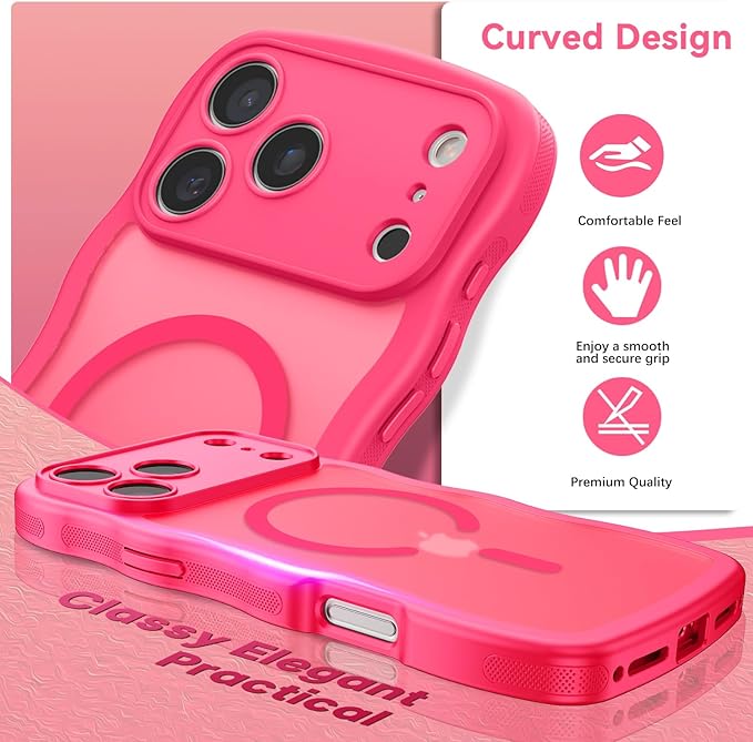 BENTOBEN Magnetic for iPhone 17 Pro Case, Cute Wavy Full Camera Protection [Compatible with MagSafe] Matte Anti-Slip Bumper Women Girls Boys Protective Cover for 17 Pro 6.3", Hot Pink