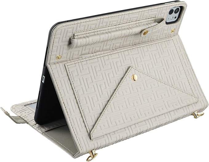 Handbag Case for iPad Pro 11" 2018-2022, iPad Air 11"/Air 4th 5th Gen, Techcircle Elegant Crossbody Folio Stand Wallet Case w/Pencil Holder, Card Slots, Hand Strap, Shoulder Strap, Off-White