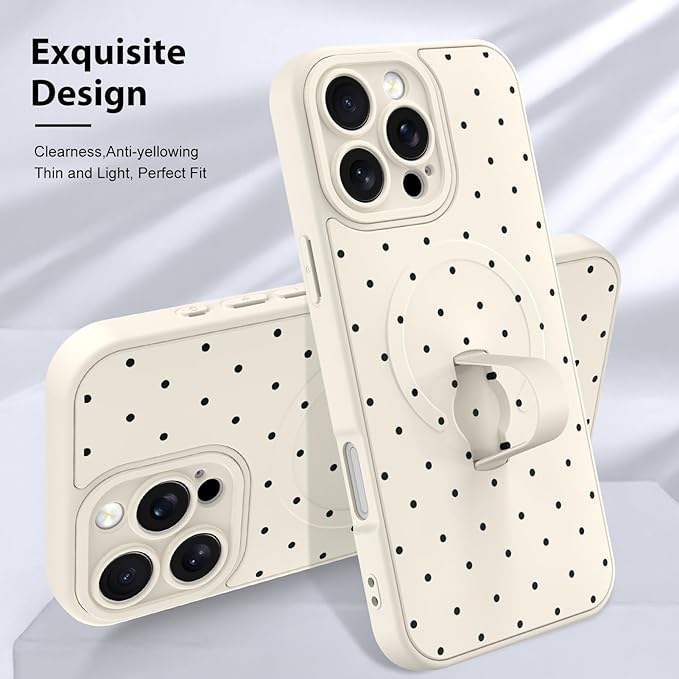 KANGHAR Compatible with iPhone 16 Pro Max Case, Support for MagSafe, Silicone Spot Cute Pattern, Wristband Kickstand Camera Protection Soft Slim Cover for Girls Women -White