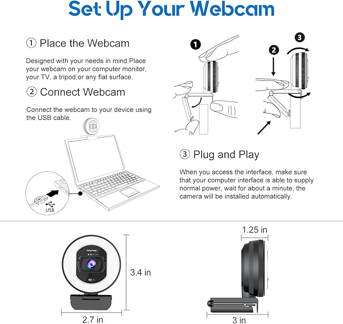 4K Webcam with Ring Light Web Cam 4K Autofocus with TOF Computer Camera 1080P 60FPS Web Camera Built-in Privacy Cover and Microphone Streaming Webcams for Zoom/Skype/Google Meet