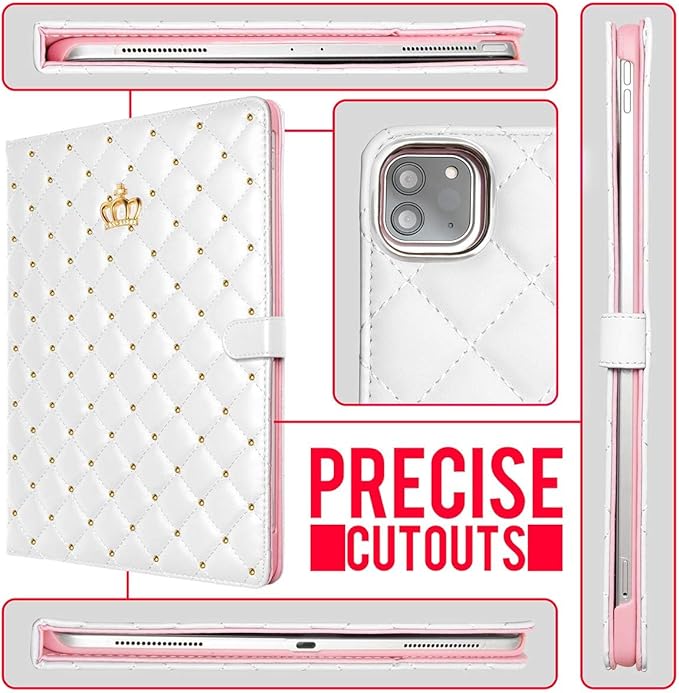 Changjia for iPad Air 11 Inch Case M4 (2026)/M3 (2025)/M2 (2024), iPad Air 5th/4th Gen 10.9" (2022/2020) with Pencil Holder,Girly Cute Crown Diamond Elegant Auto Sleep/Wake Stand Protective Case,White