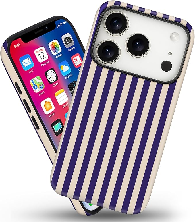 Magnetic for iPhone 17 Pro Max Case Cute Stripes Phone Case, Shockproof Slim TPU and Hard PC Protective Phone Cover Compatible with MagSafe Designed for Women Girls, Deep Purple
