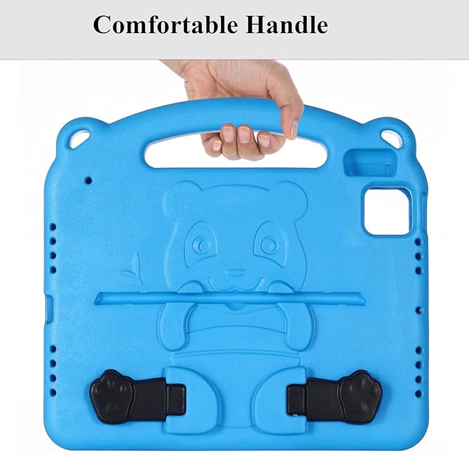 Kids Case for Apple iPad Pro 11 inch M5/M4 Tablet (2025/2024) with Handle/Kickstand Slim Lightweight Cute Soft EVA Foam Shockproof Folio Stand Protective Cover for Boy Girl Teens, Blue Panda