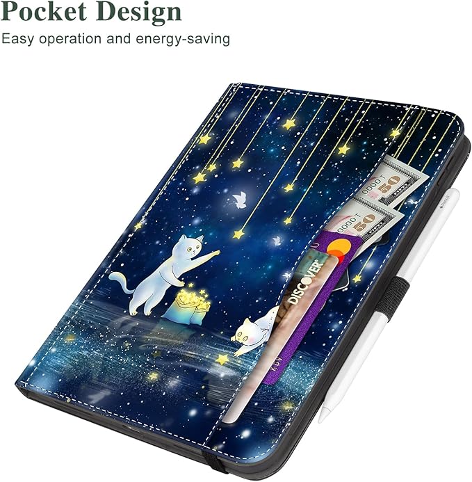Vimorco Case for iPad (A16) 11th Generation 2025, for iPad 11th/10th Generation Case, Pencil Holder/Hand Strap/Pocket, Multiple Stand Protector PU Leather Shell Cover,Auto Wake/Sleep, Cat Picks Stars