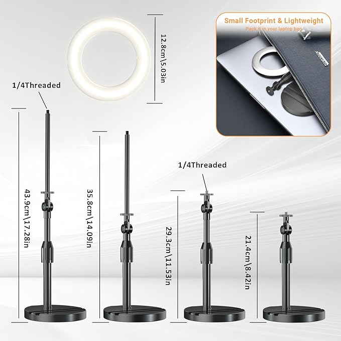 Portable Travel Ring Light for Laptop Zoom Video Conference, 5'' Bright Circle Light with Extendable Stand, Small Halo Lighting with Phone Holder for Video Recording Live Stream Facetime Photography