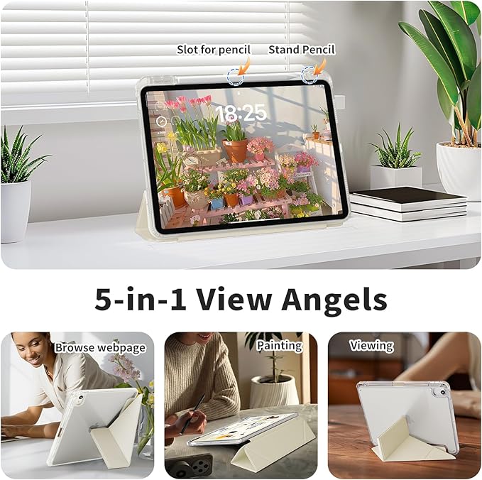Clear Case for iPad mini 7 A17 Pro 8.3 Inch, iPad mini 7th/6th Generation Case (2024/2021),Slim Shockproof Transparent Back,Y-Shaped Mutil Angles Folding,Supports Pencil Pro&USB-C (Cream White)
