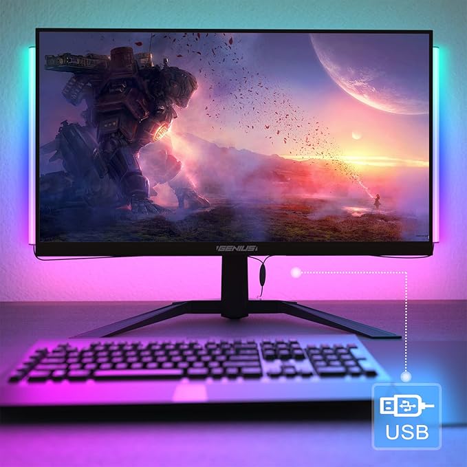 2-in-1 Under Monitor Light Bar, 2 PCS Screenbar Light Desk Lamp Computer with Remote Controller Color Changing, LED Dynamic Rainbow Effect USB Powered for PC Setup, Keyboard Light, Gaming Room
