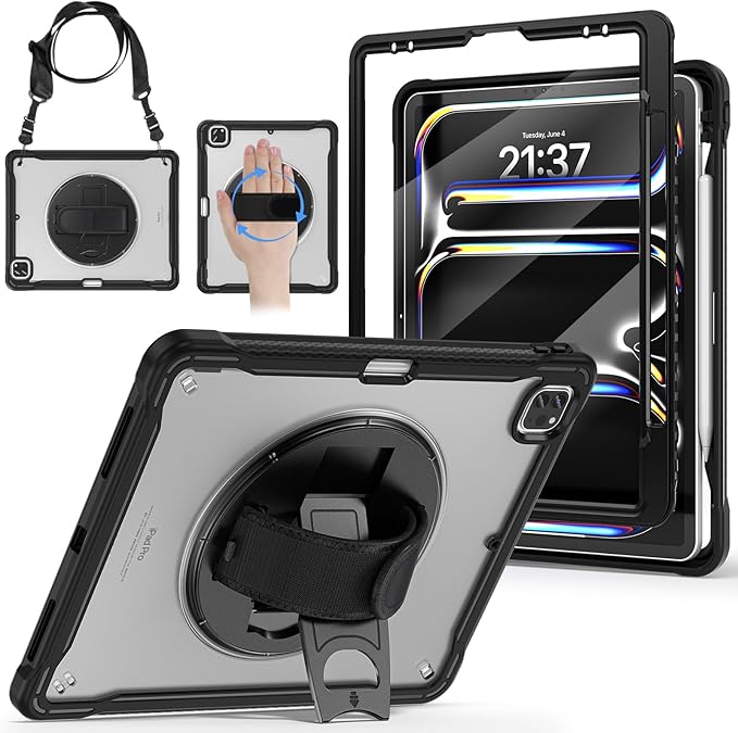 BRAECNstock case for iPad Air 13 Inch M4 2026/ M3 2025/ M2 2024 & Pro 12.9 inch 6th/5th/4th/3rd Generation 2022-2018 Cover with Screen Protector,Pencil Holder,360°Rotate Stand-Black