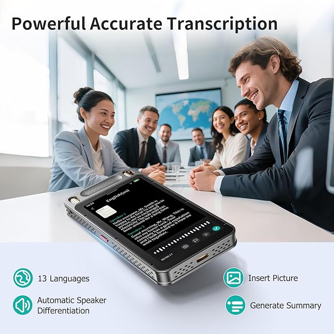AI Voice Recorder with Playback, 5'' Large Touch Screen Digital Recorder, 13 Languages Transcription, 8 Mics Noise Reduction, 2600mAh Battery, AI Summary & Translation for Meetings, Lectures