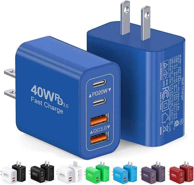 [2Pack]40W USB C Super Fast Charger Cube,PD + QC Charging Block Power Adapter 4 Port Wall Mount Plug for iPhone 17 16 15 14 13 12, Motorola, LG, Google Pixel 6a/6 Pro/6/5a/5/4/4A Box Brick (Dark Blue)