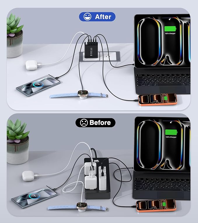 [2-Pack] USB C Wall Charger, 50W Type C Charger Block 5-Port Fast Charging Blocks,3USB C+2USB A Multiport Plug,PD Power Adapter Brick Cube for iPhone 17/16/15/14/13/Pro,iPad,Samsung,for Switch（Black）