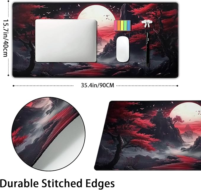 Black Red Japanese Mouse Pad XXL Moon Sakura Cherry BLoosm Tree Extended Table Mat 90X40 cm Non-Slip Rubber Base Stitched Edge Large Mousepad for Gaming Laptop Computer Desk Top 35.4×15.7 Inch