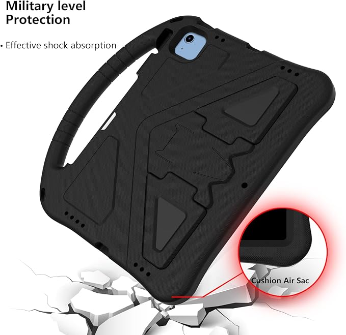 Shockproof Case for Apple iPad A16 11 Inch 2025 11th Gen/iPad 10th Generation 2025 10.9", with Shoulder Strap Soft EVA Handle Design Foldable Kickstand Kids Friendly Cover for Girls Boys, Black
