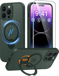 FNTCASE for iPhone 14 Pro Case: [360 Spin Magnetic Stand] [Compatible with Magsafe] [Screen Protector] Translucent Matte Military Grade Shockproof Full Camera Protective Phone Cover - Green
