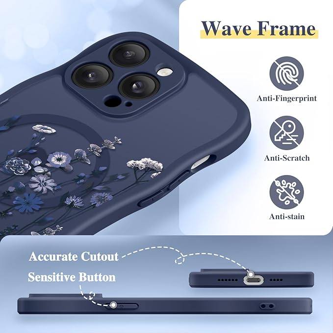 GVIEWIN for iPhone 14 Pro Max Case Compatible with MagSafe [Curly Wave Edge][Full Camera Protection] Floral Translucent Shockproof Magnetic Women Phone Case for 14 Pro Max, Floratopia/Blue