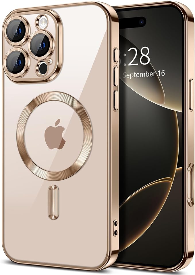 Hython Magnetic Clear for iPhone 16 Pro Max Case with Camera Lens Protector [Compatible with MagSafe] Plating Edge Slim Soft TPU Cover Protective Phone Case for iPhone 16 Pro Max 6.9", Desert Brown