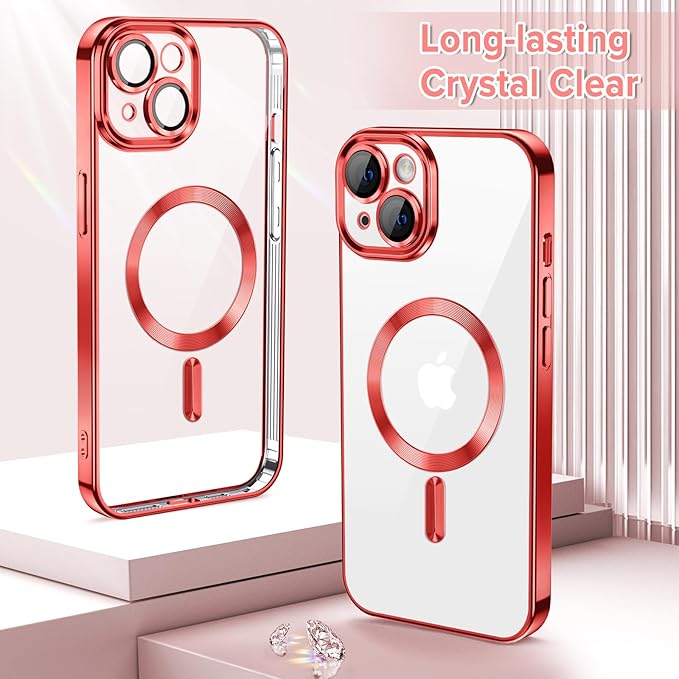 Hython Magnetic Clear for iPhone 13 Case with Camera Lens Protector [Compatible with MagSafe] Luxury Plating Edge Slim Soft TPU Cover Protective Phone Case for iPhone 13 6.1", Red